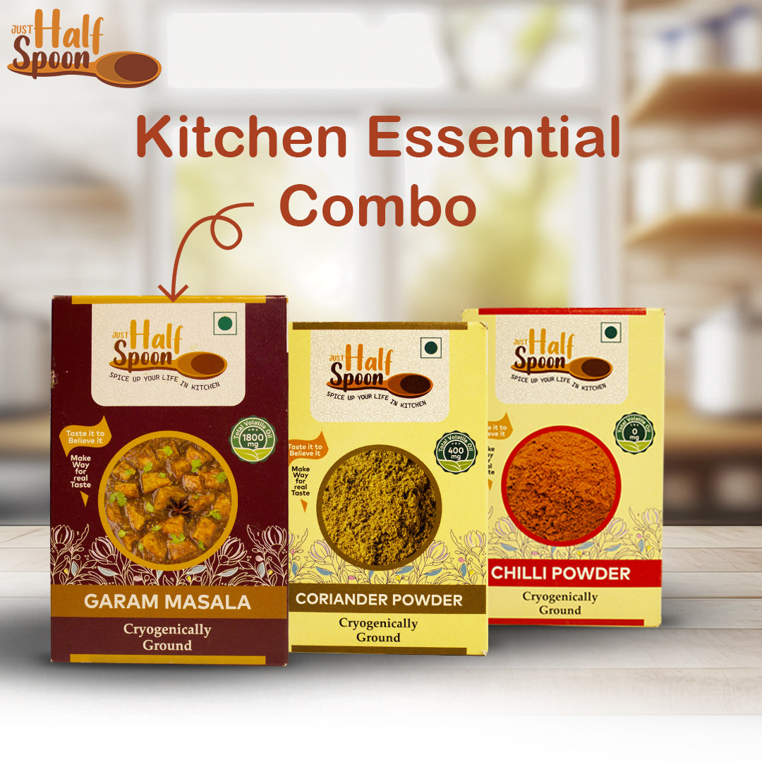 Just HalfSpoon Kitchen Essentials Combo - Chilli, Coriander, Garam (3 x 100gms)